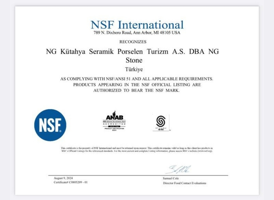 Kütahya Serami̇k, NSF Serti̇fi̇kasını Aldı